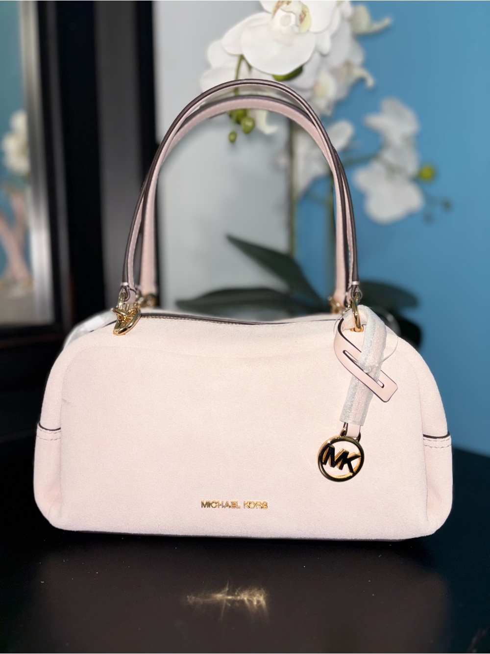 Michael Kors Rose Pink Suede Shoulder Bag with Gold Hardware